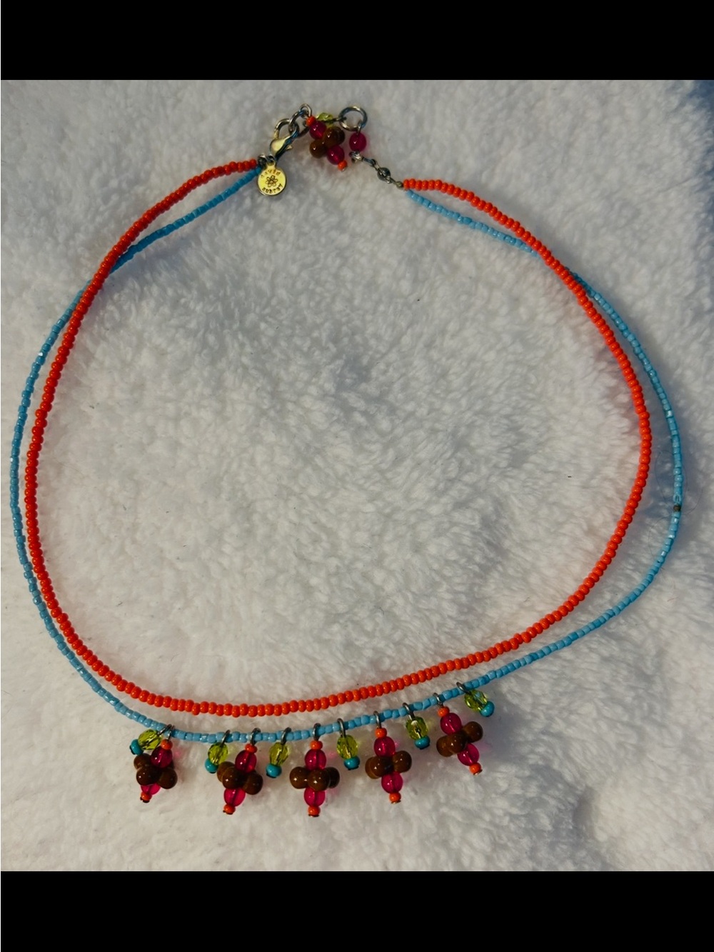 David Aubrey:  Handmade Blue & Orange Beaded Necklace with Multicolor Dangles